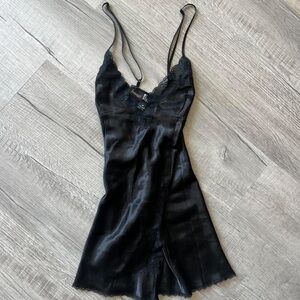 Frederick's of Hollywood Black Satin Lace Trim Slip